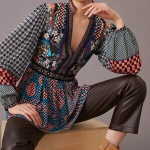 Anthropologie Abstract Baby Doll blouse - PXL - BLACK Multi NWT